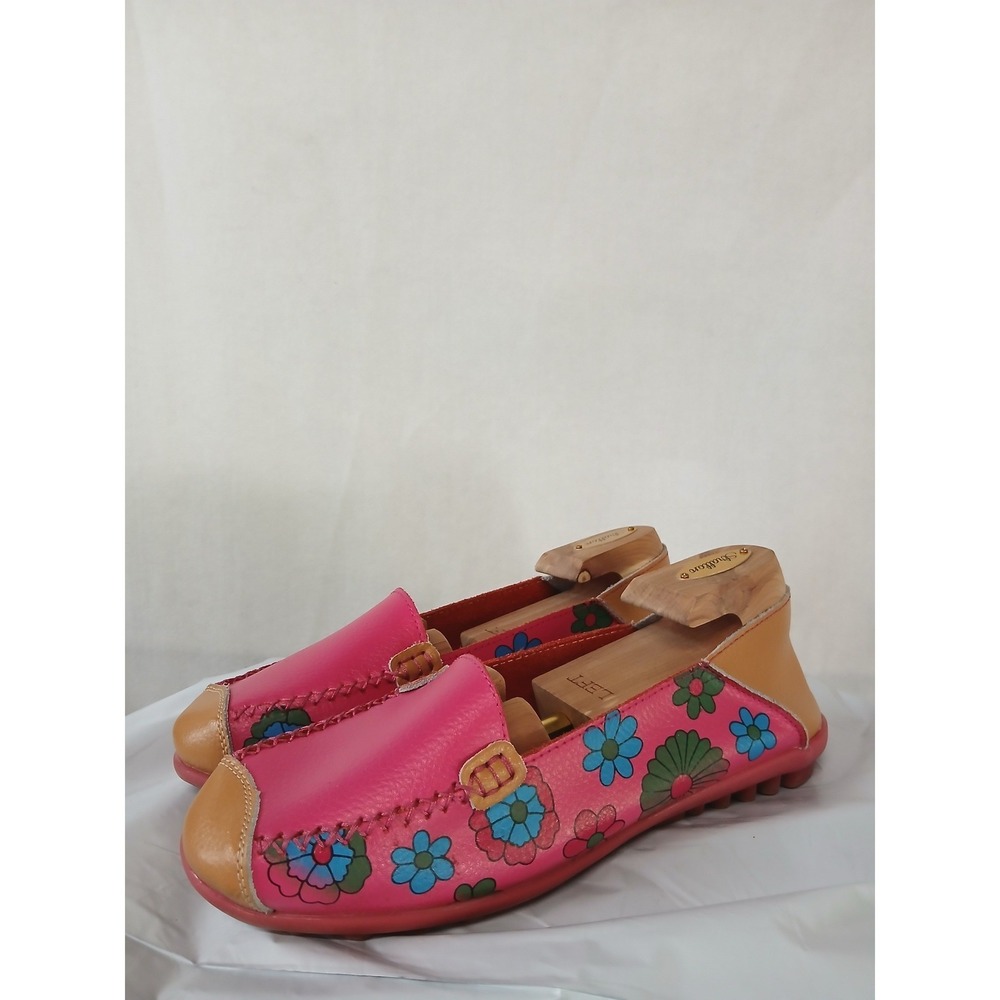 Venus Celia Floral Leather Loafers Pink Tan Remote‎ Control Sole Womens 44 11-12
